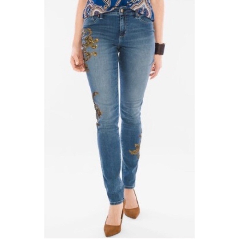 Vintage Chico's Women's Size 0 (Std 4) The‎ Platinum Gold Leaf Jegging  Sequin